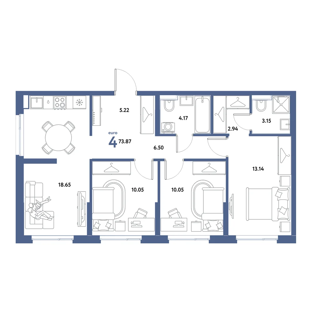 Планировка: Остров-сад 4-комнатная 73,87м²