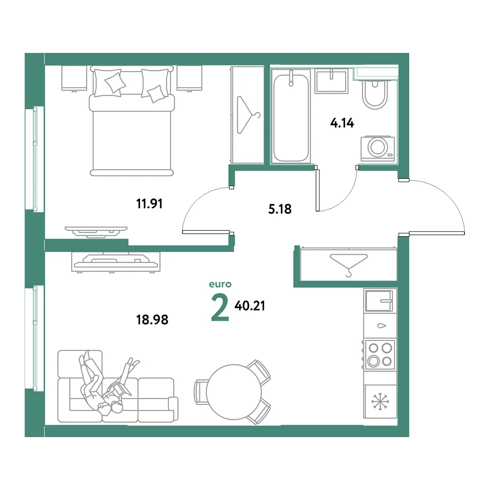 Планировка: Остров-сад 2-комнатная 40,21м²