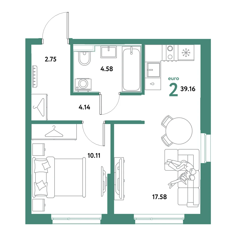 Планировка: Остров-сад 2-комнатная 39,16м²