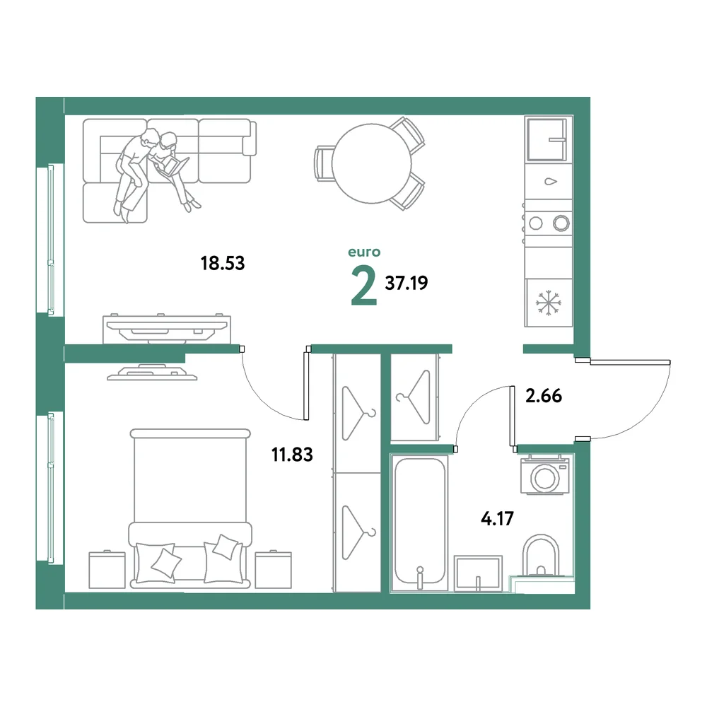 Планировка: Остров-сад 2-комнатная 37,19м²