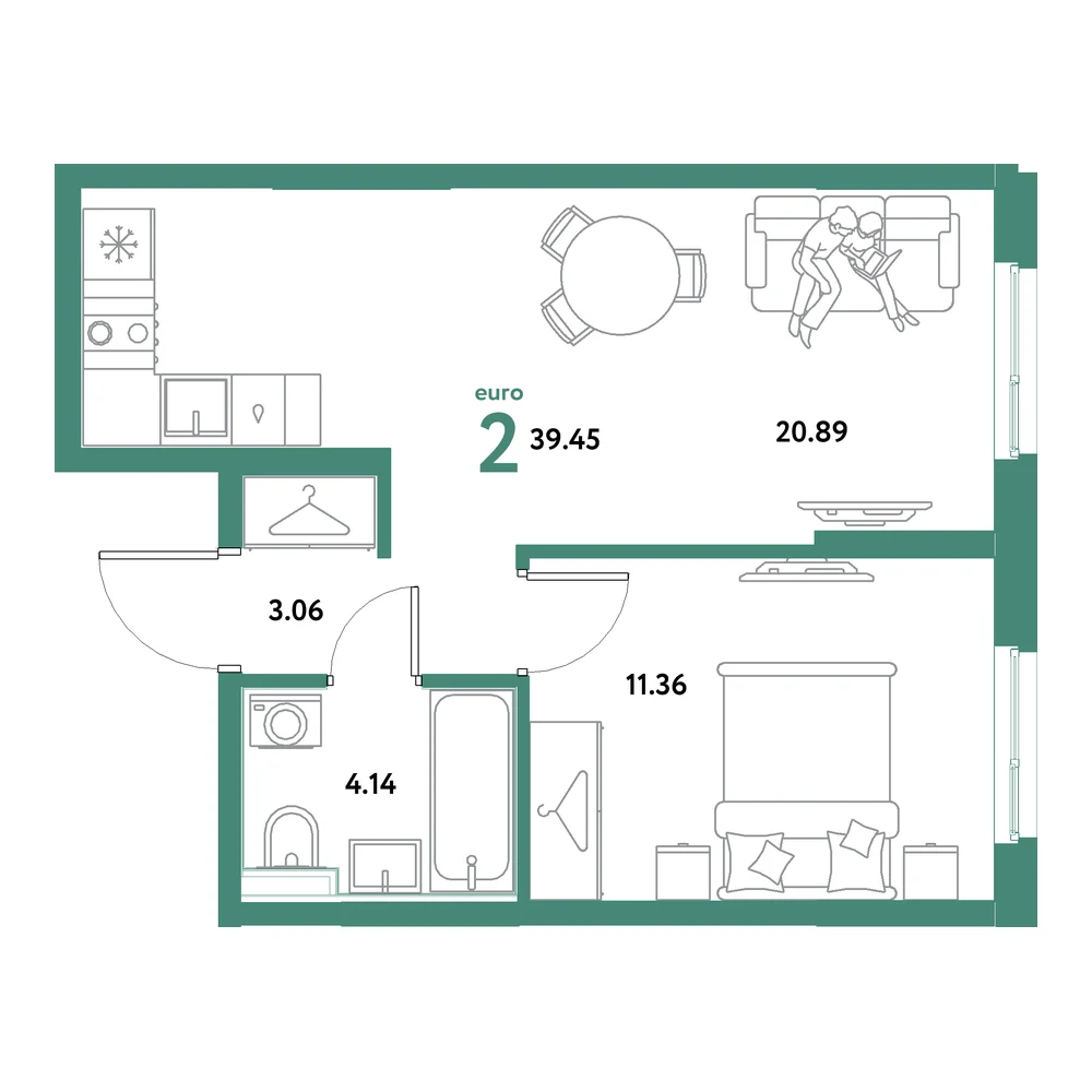Планировка: Остров-сад 2-комнатная 39,45м²