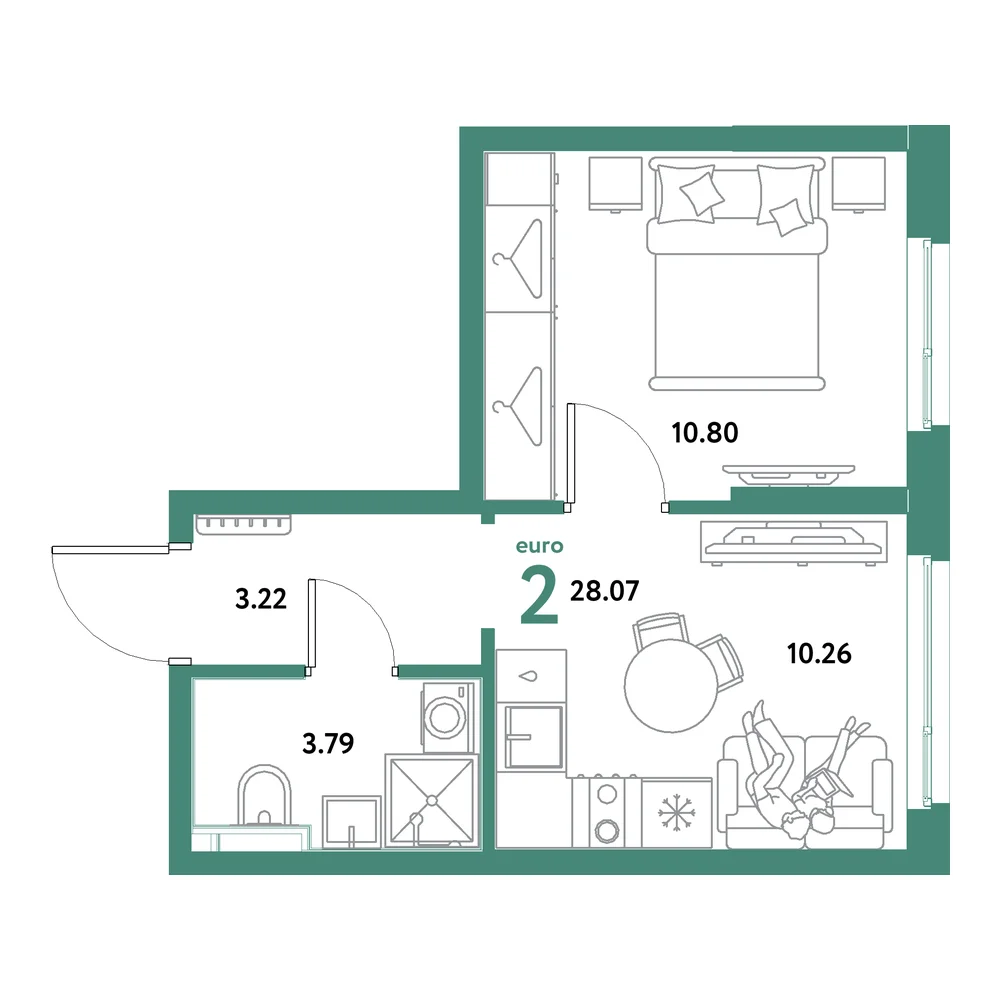 Планировка: Остров-сад 2-комнатная 28,07м²