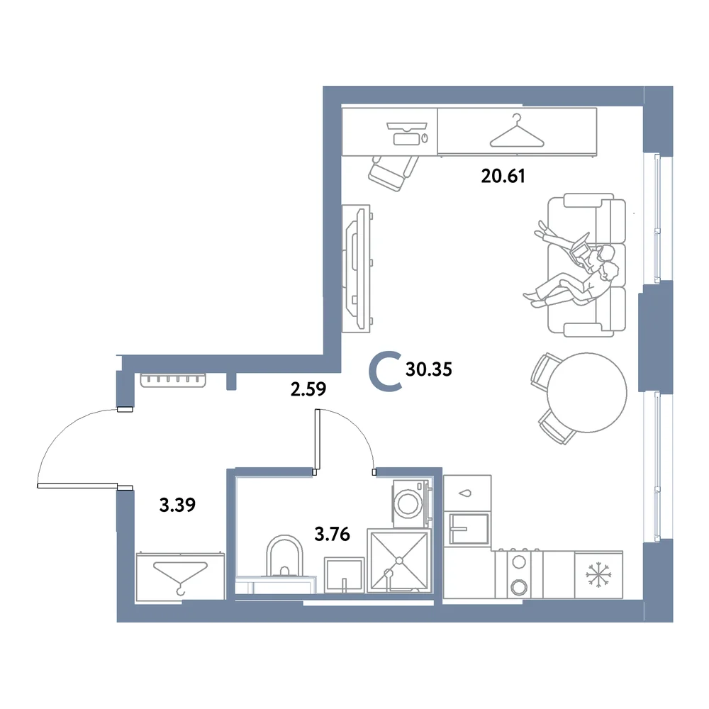 Планировка: Остров-сад Студия 30,35м²