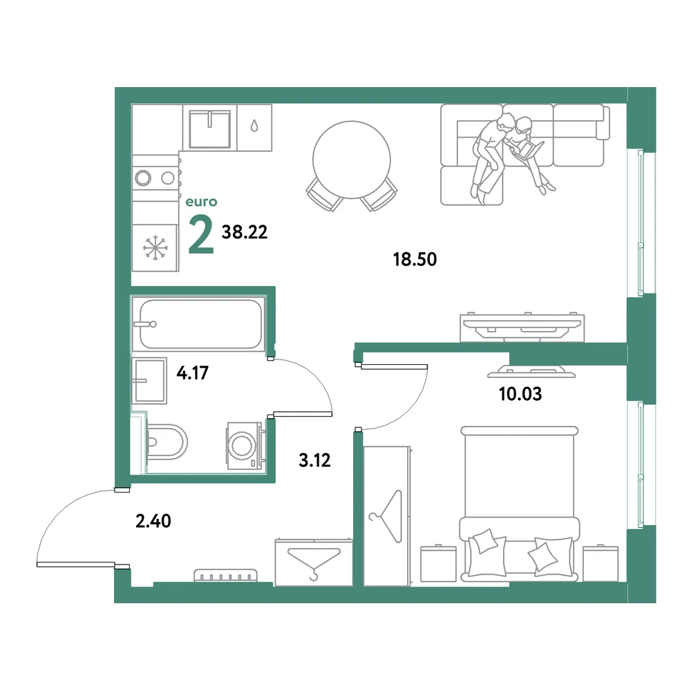 Планировка: Остров-сад 2-комнатная 38,22м²