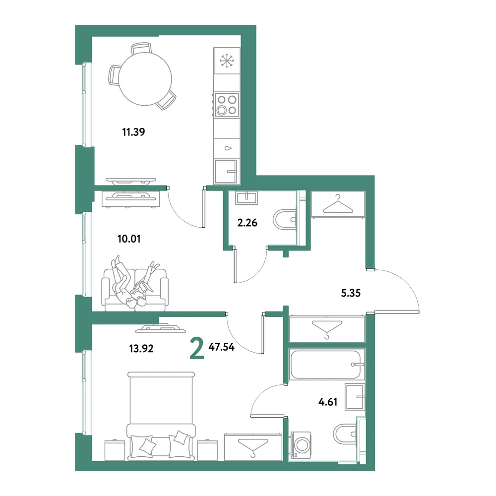 Планировка: Остров-сад 2-комнатная 47,54м²
