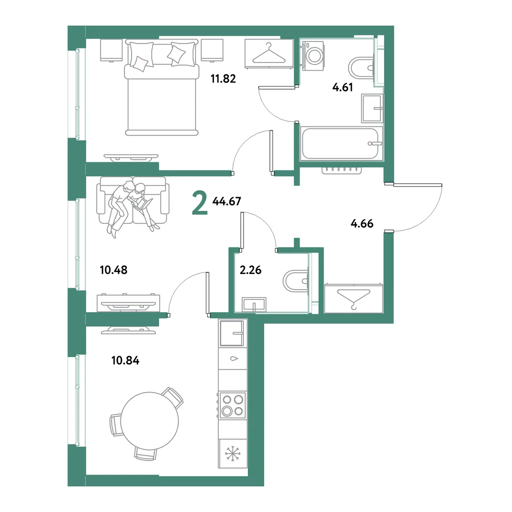 Планировка: Остров-сад 2-комнатная 44,67м²