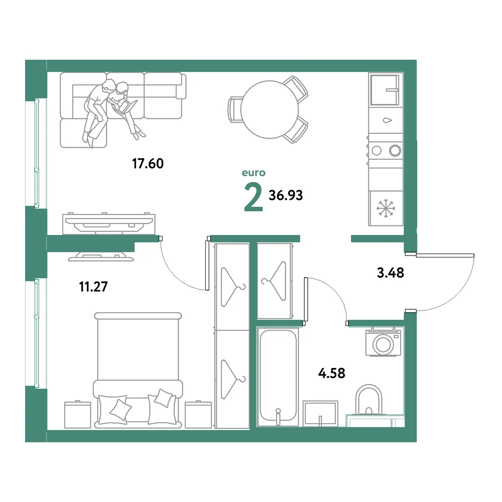 Планировка: Остров-сад 2-комнатная 36,93м²