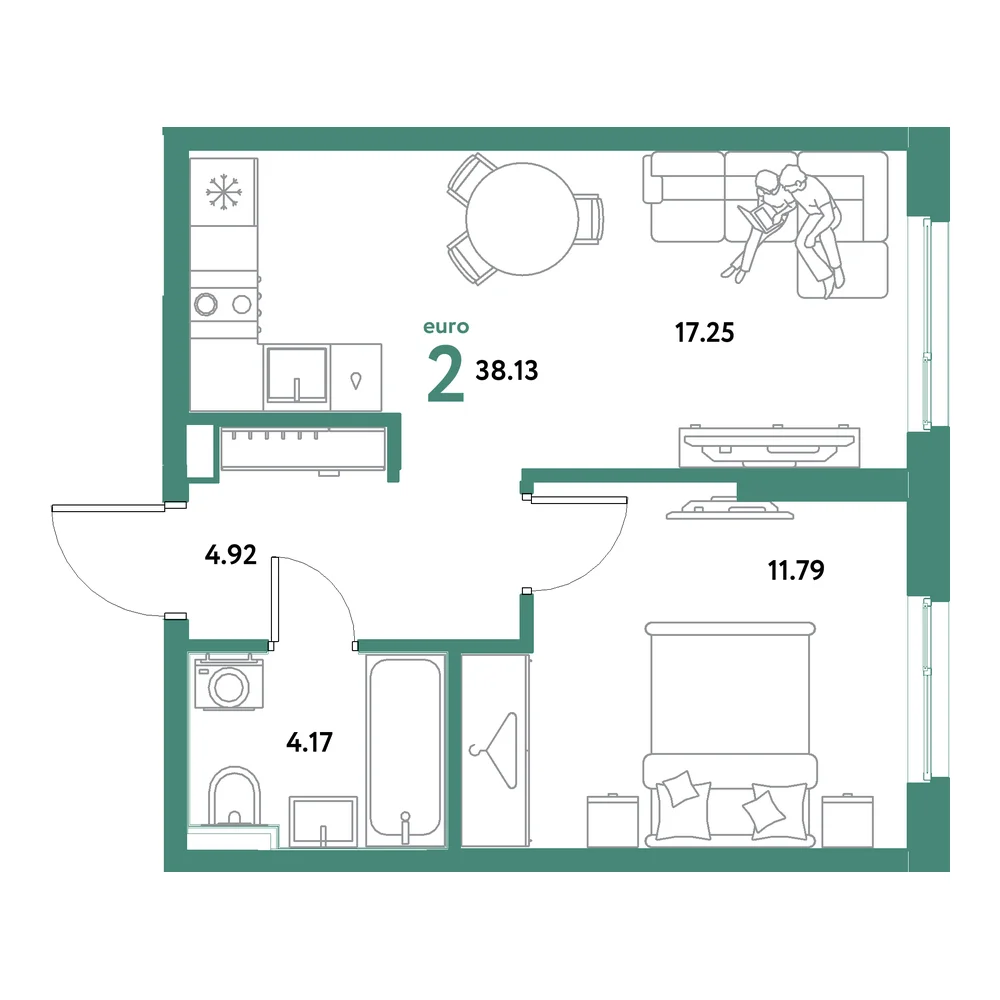 Планировка: Остров-сад 2-комнатная 38,13м²