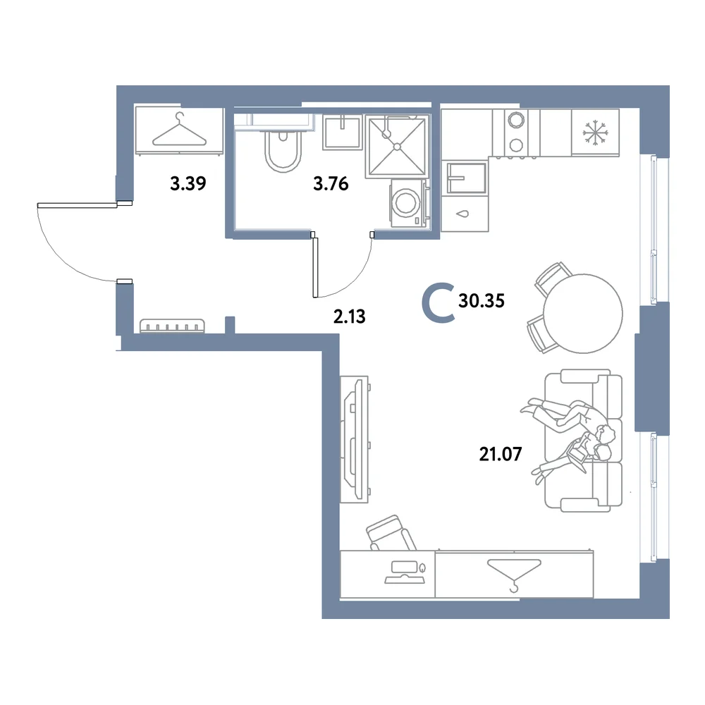 Планировка: Остров-сад Студия 30,35м²