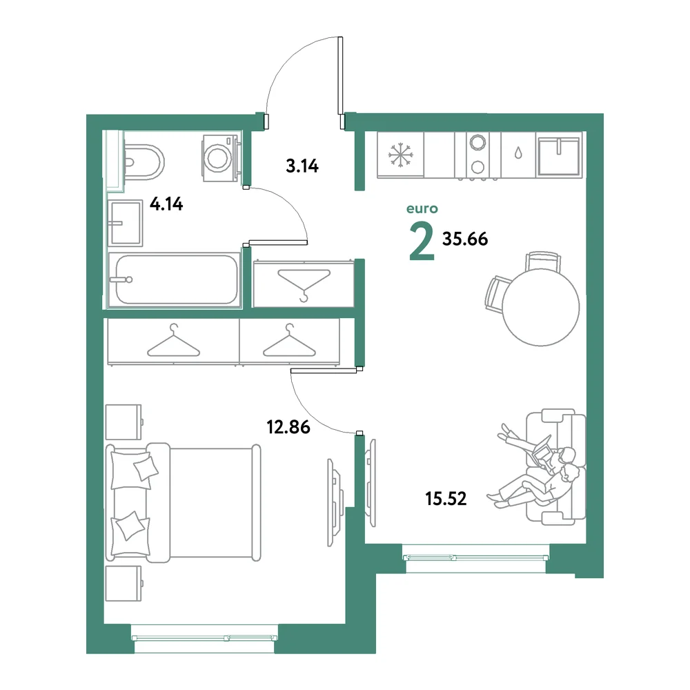 Планировка: Остров-сад 2-комнатная 35,66м²