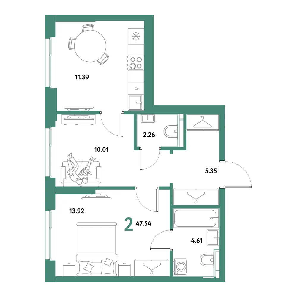Планировка: Остров-сад 2-комнатная 47,54м²