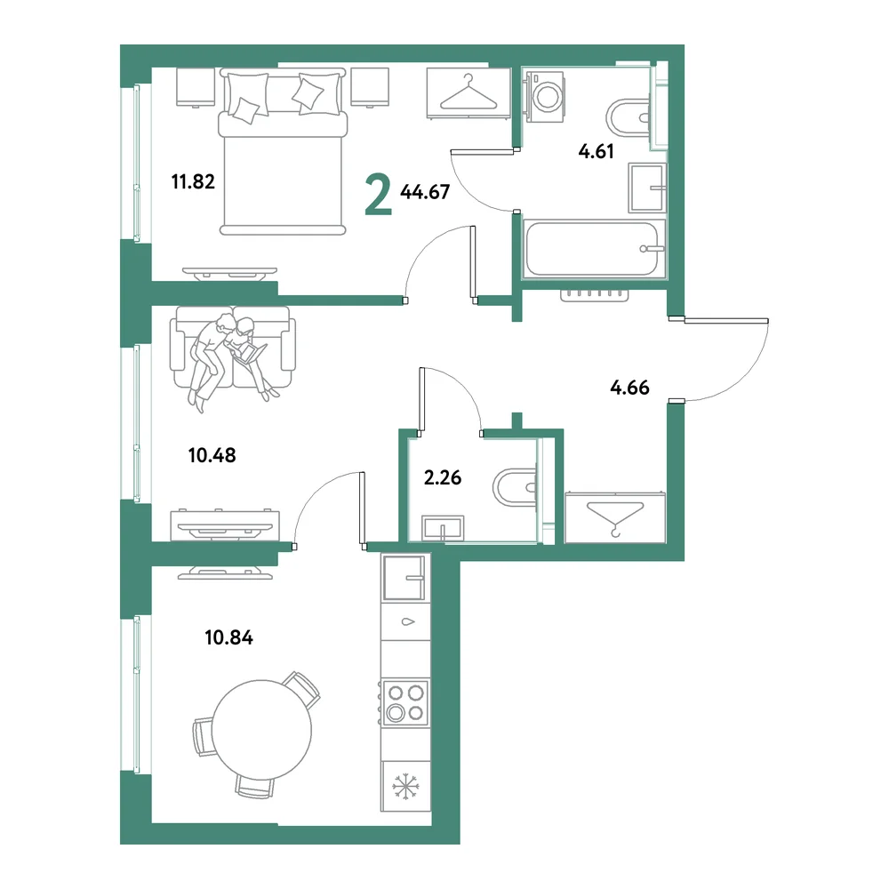 Планировка: Остров-сад 2-комнатная 44,67м²