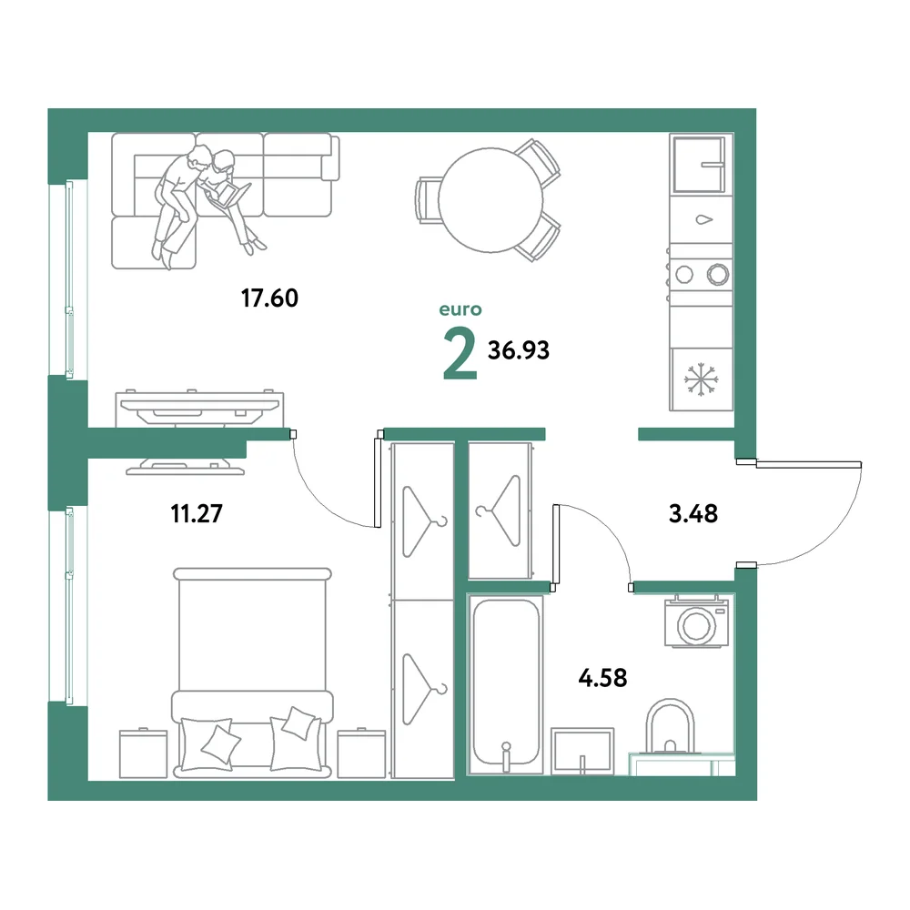 Планировка: Остров-сад 2-комнатная 36,93м²