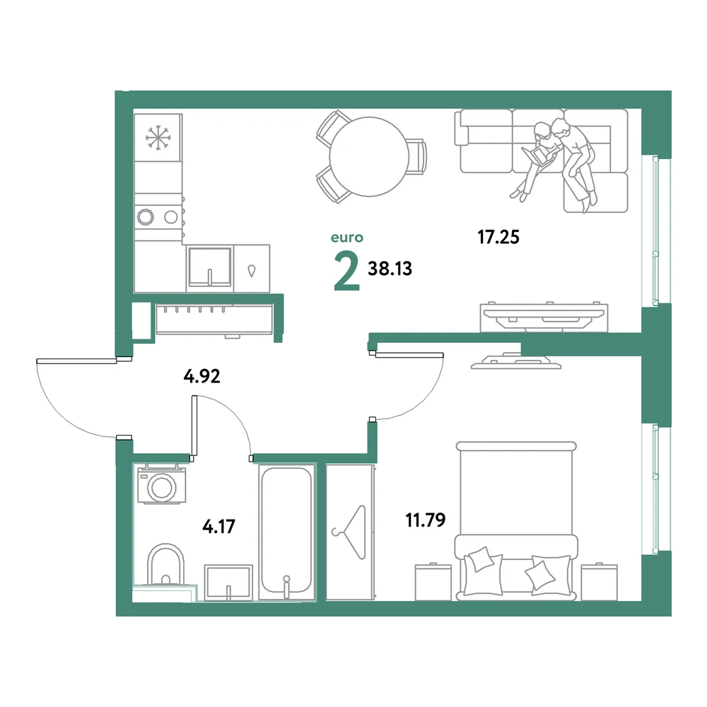 Планировка: Остров-сад 2-комнатная 38,13м²
