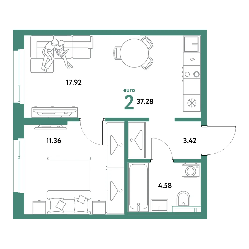 Планировка: Остров-сад 2-комнатная 37,28м²