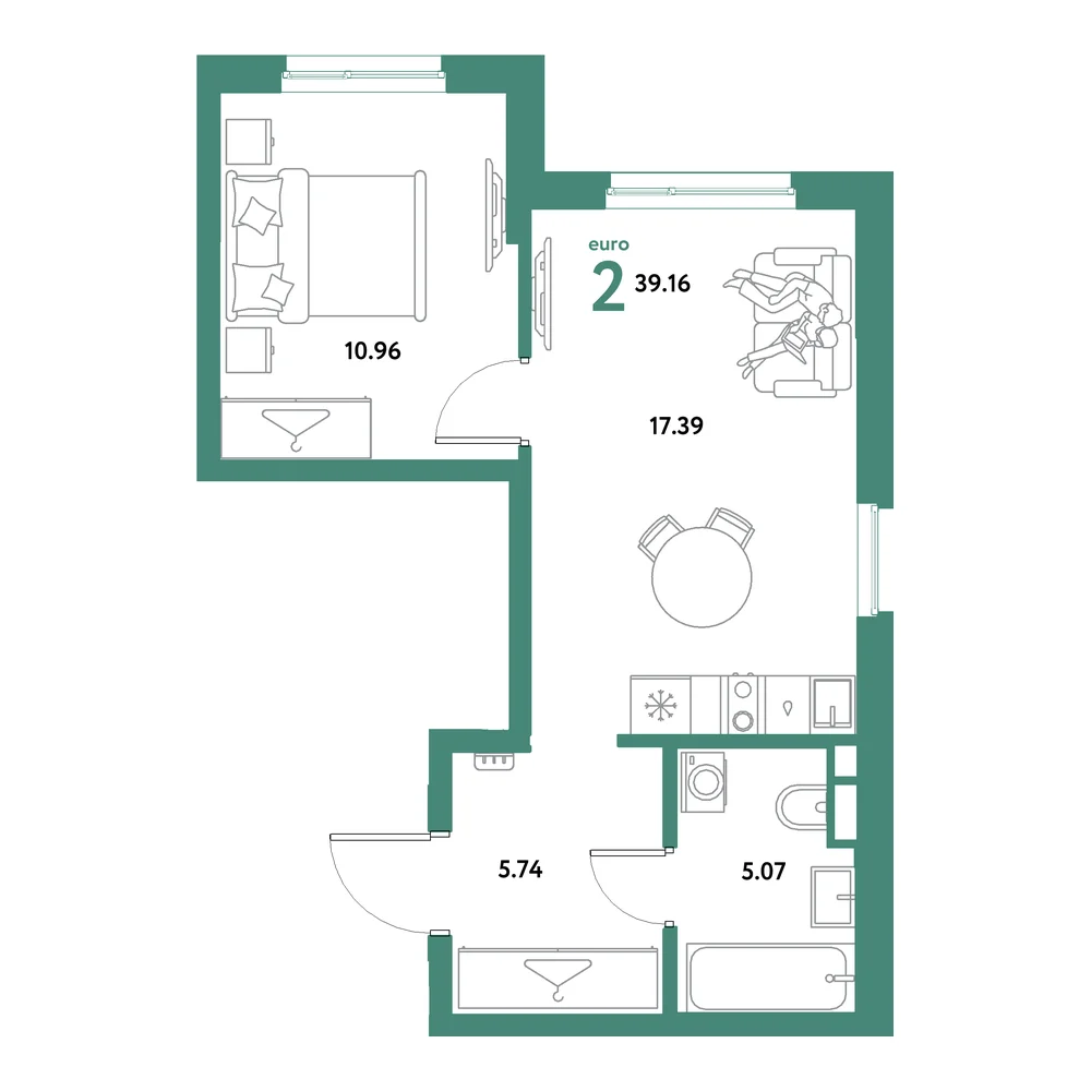 Планировка: Остров-сад 2-комнатная 39,16м²