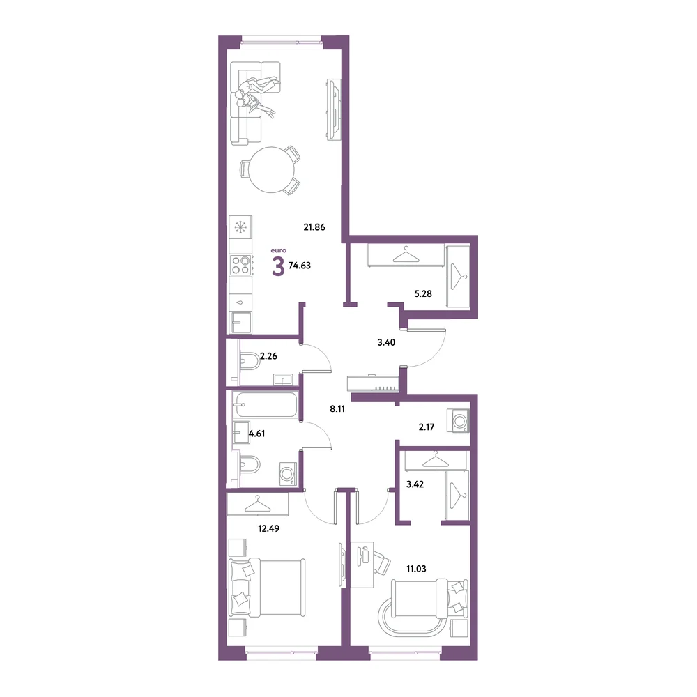 Планировка: Остров-сад 3-комнатная 74,63м²