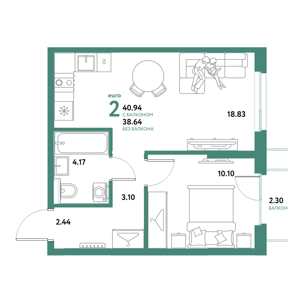 Планировка: Остров-сад 2-комнатная 40,94м²