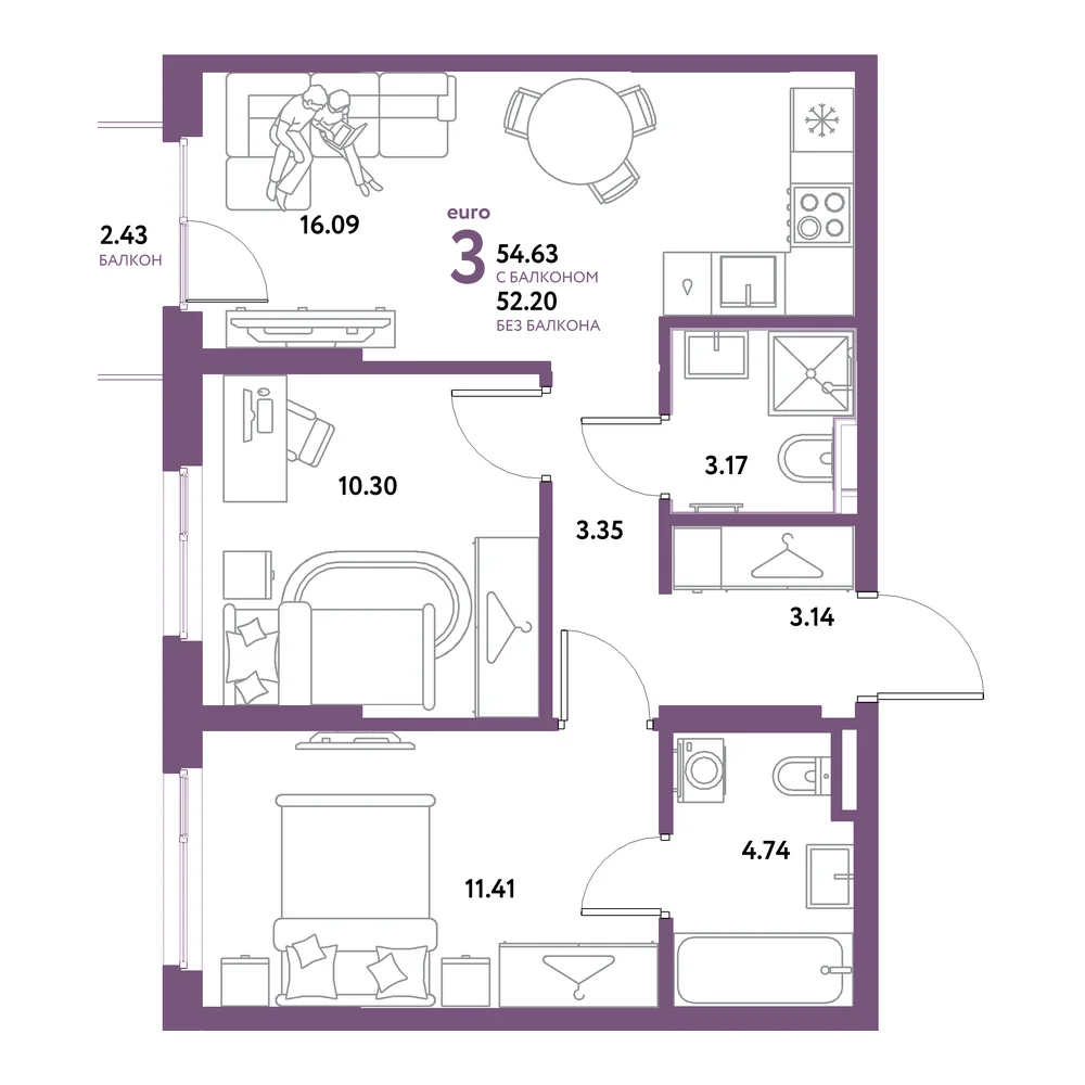 Планировка: Остров-сад 3-комнатная 54,63м²