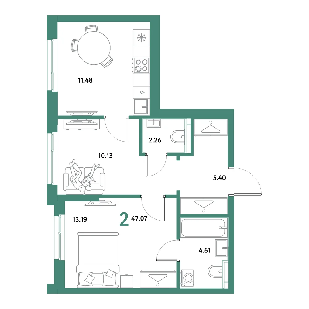 Планировка: Остров-сад 2-комнатная 47,07м²