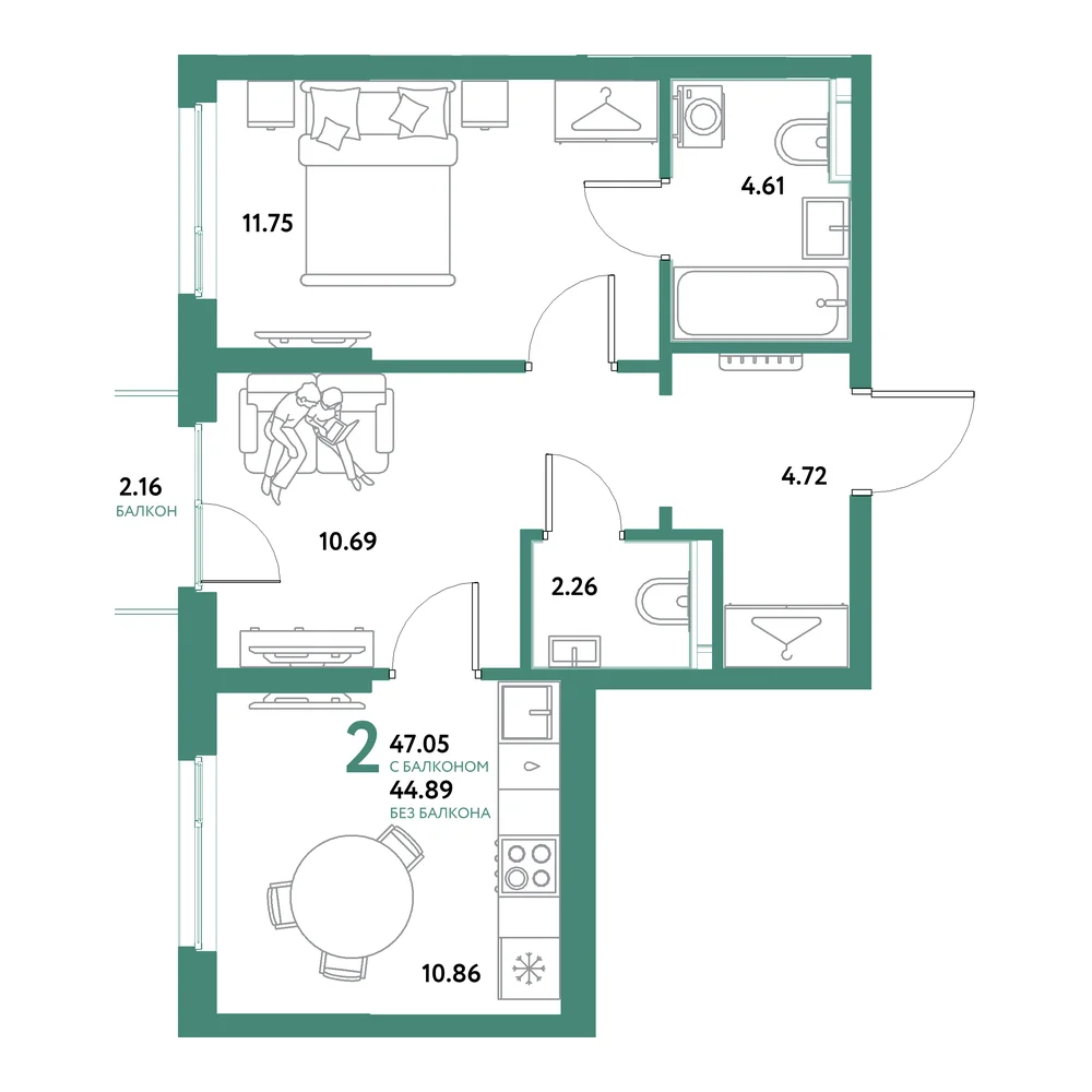 Планировка: Остров-сад 2-комнатная 47,05м²