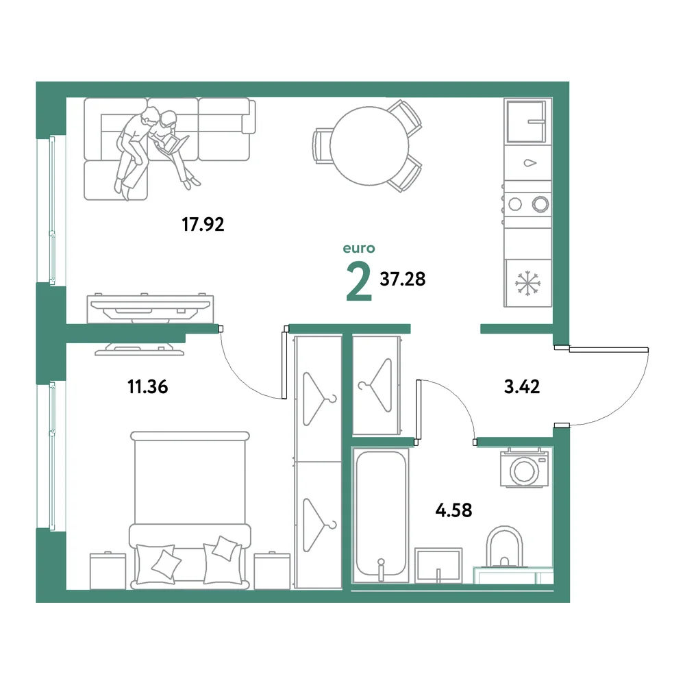 Планировка: Остров-сад 2-комнатная 37,28м²