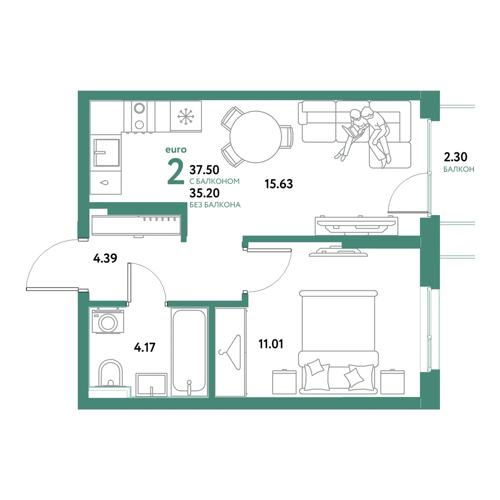 Планировка: Остров-сад 2-комнатная 37,50м²