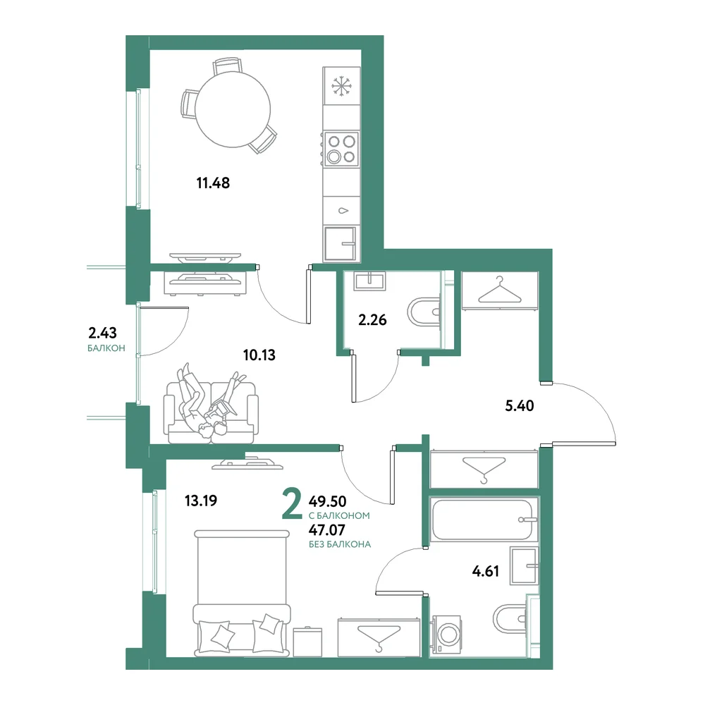 Планировка: Остров-сад 2-комнатная 49,50м²