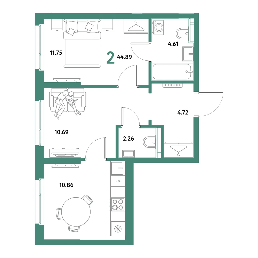 Планировка: Остров-сад 2-комнатная 44,89м²