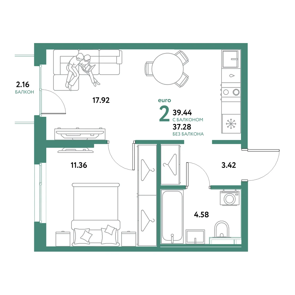 Планировка: Остров-сад 2-комнатная 39,44м²