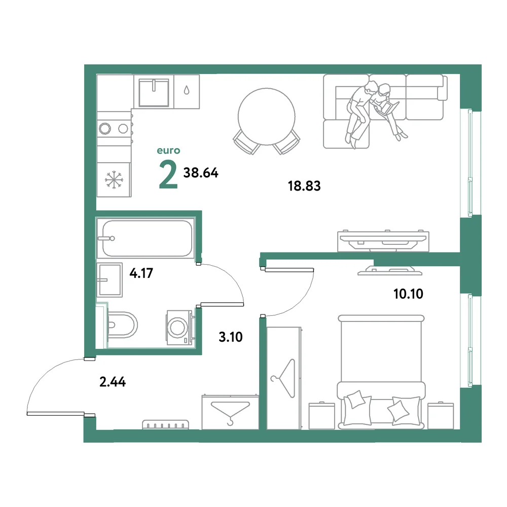 Планировка: Остров-сад 2-комнатная 38,64м²
