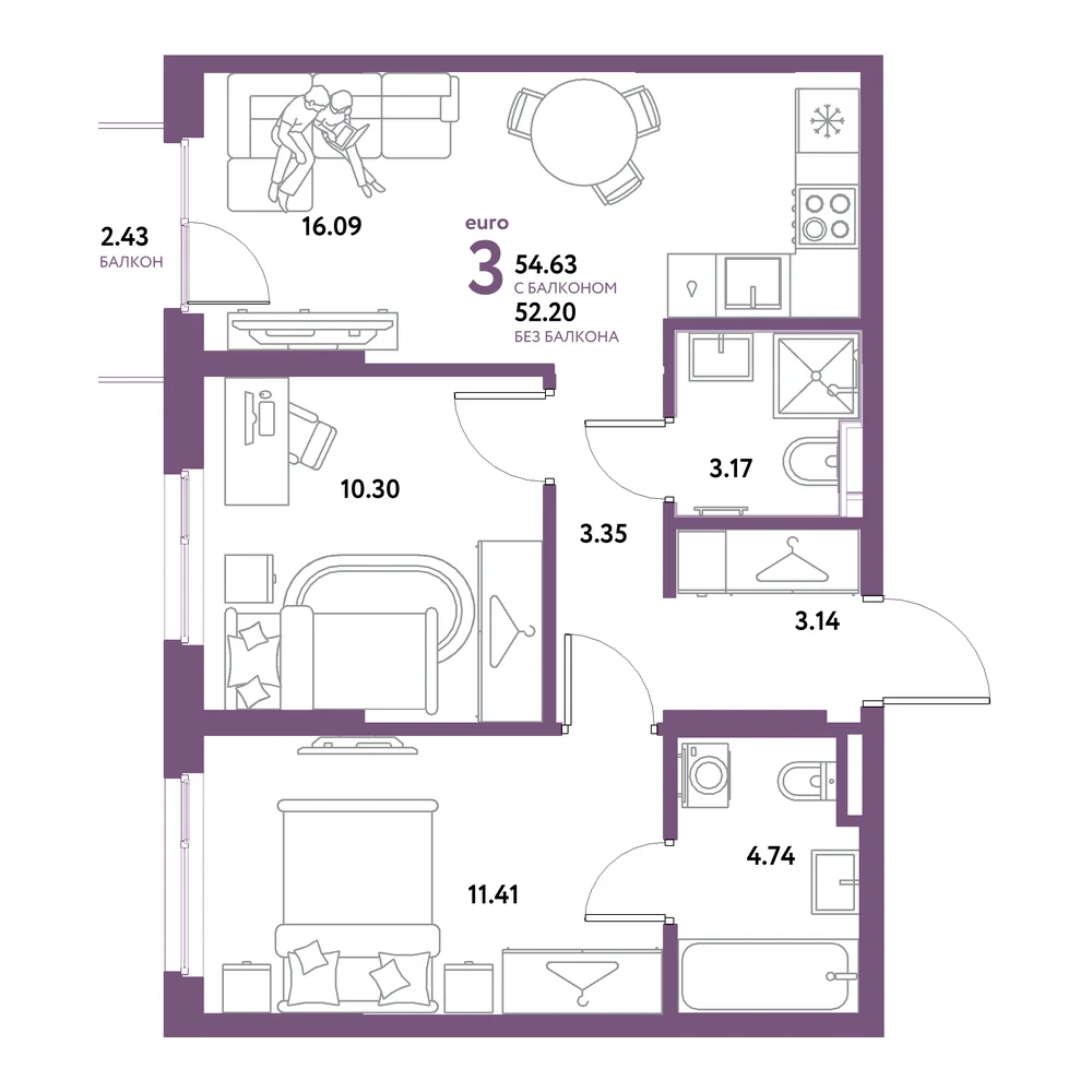 Планировка: Остров-сад 3-комнатная 54,63м²