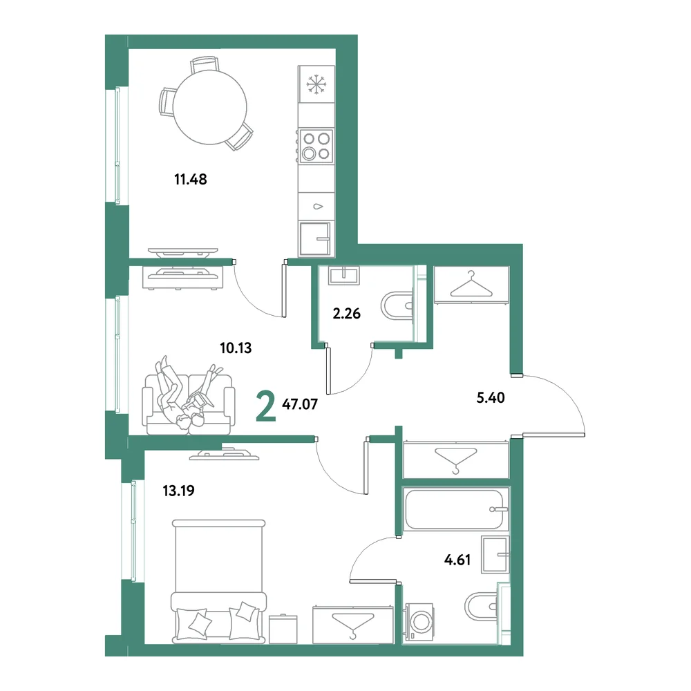 Планировка: Остров-сад 2-комнатная 47,07м²