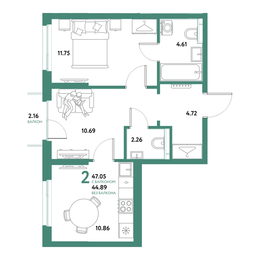 Планировка: Остров-сад 2-комнатная 47,05м²