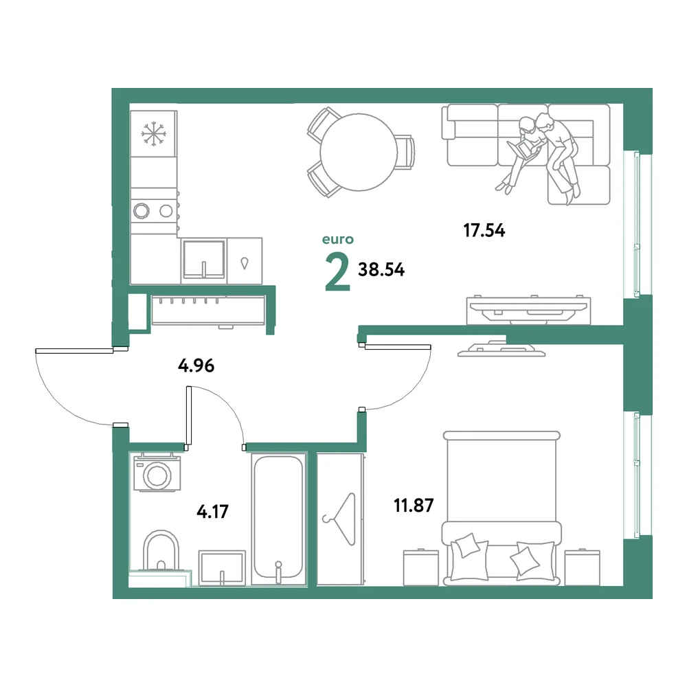 Планировка: Остров-сад 2-комнатная 38,54м²
