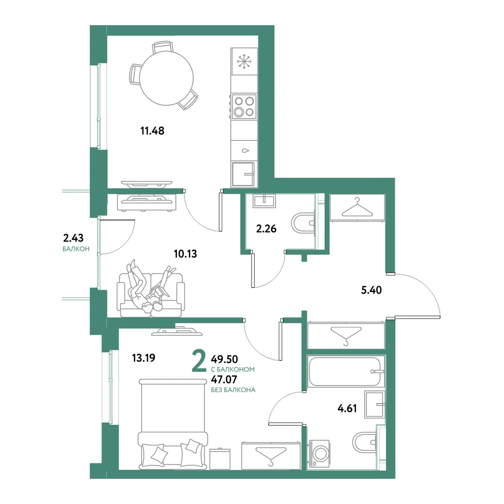 Планировка: Остров-сад 2-комнатная 49,50м²
