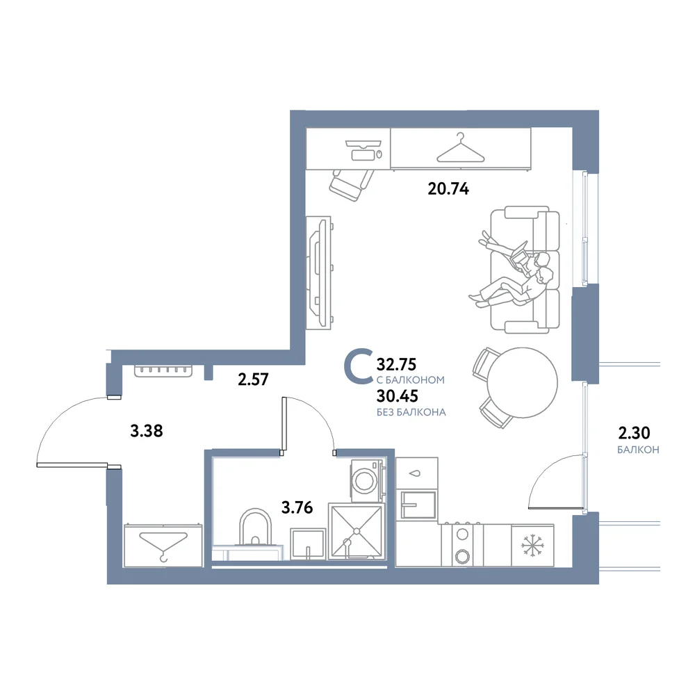 Планировка: Остров-сад Студия 32,75м²