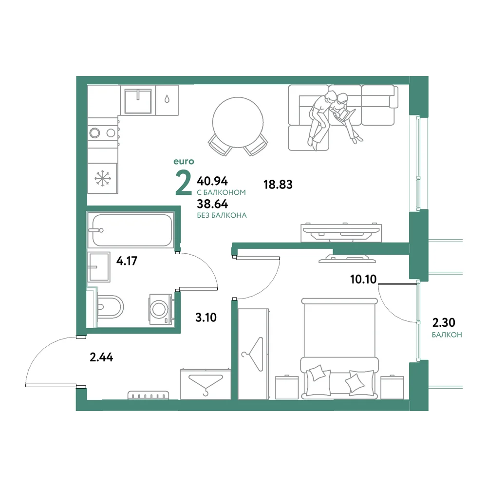 Планировка: Остров-сад 2-комнатная 40,94м²