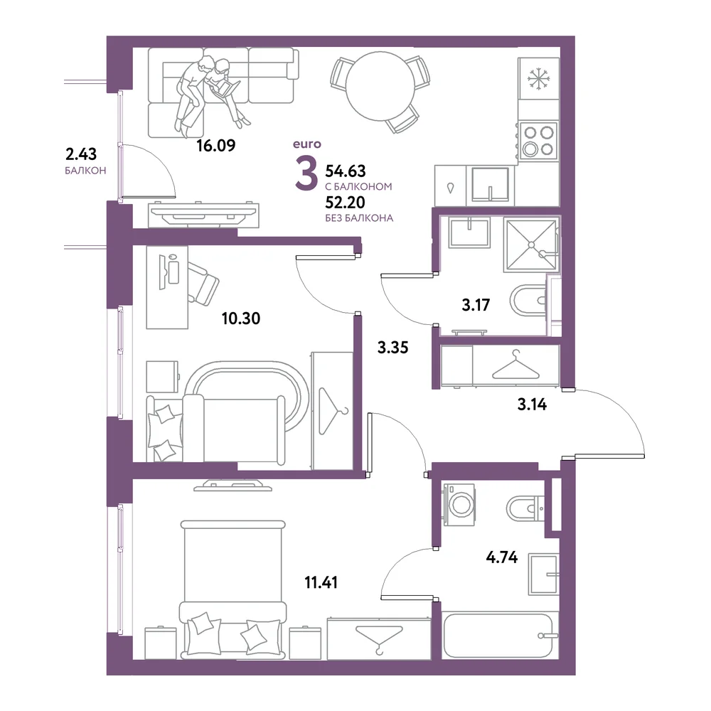 Планировка: Остров-сад 3-комнатная 54,63м²