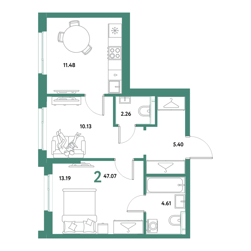 Планировка: Остров-сад 2-комнатная 47,07м²