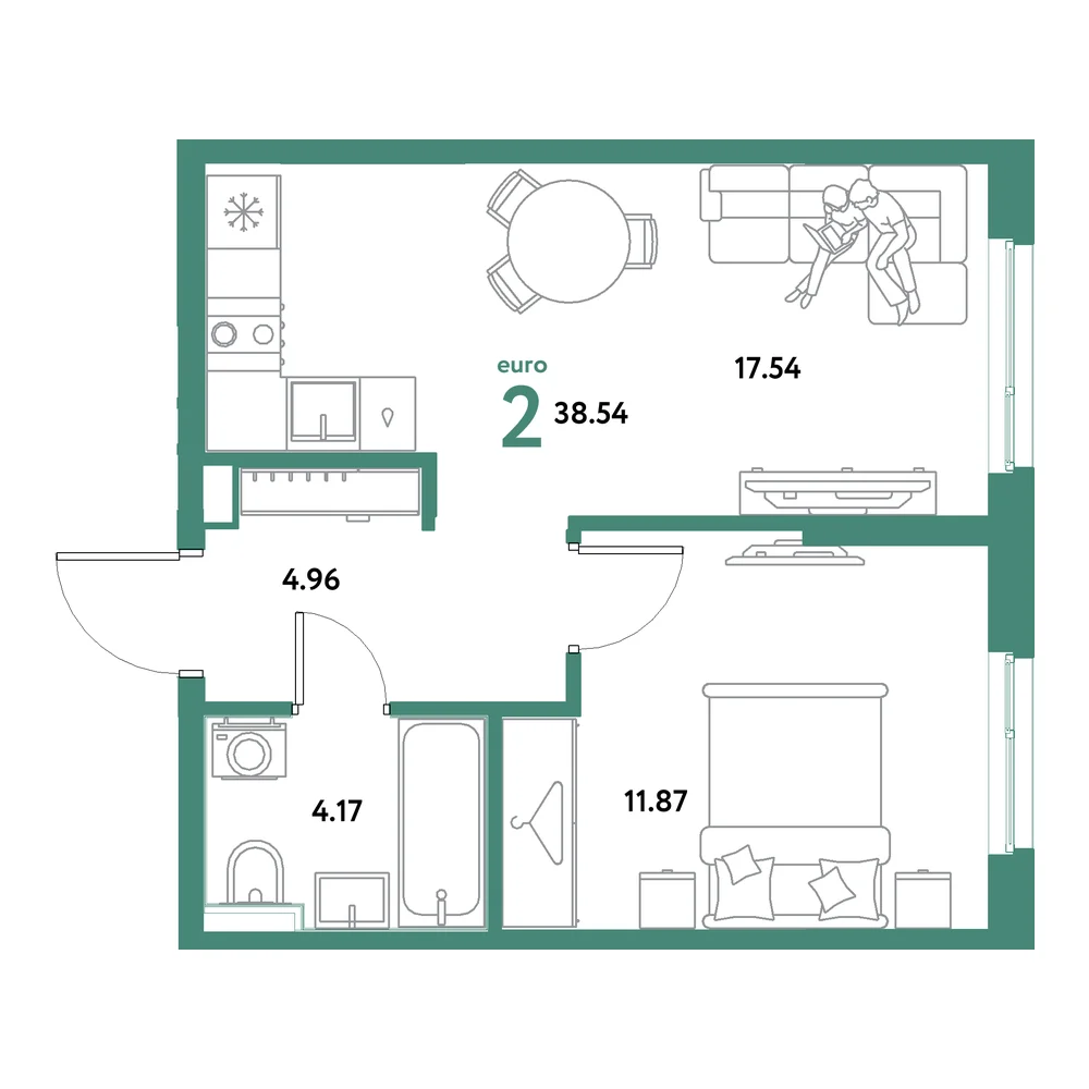 Планировка: Остров-сад 2-комнатная 38,54м²