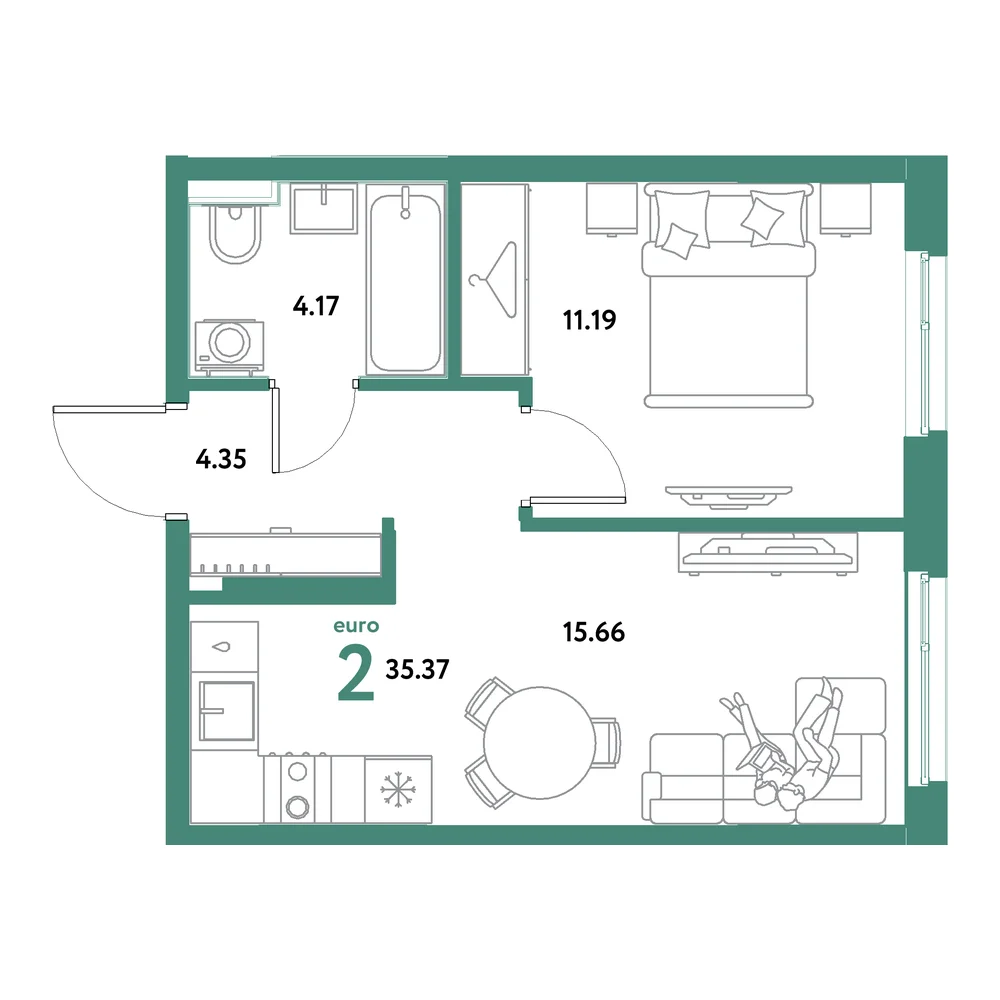 Планировка: Остров-сад 2-комнатная 35,37м²