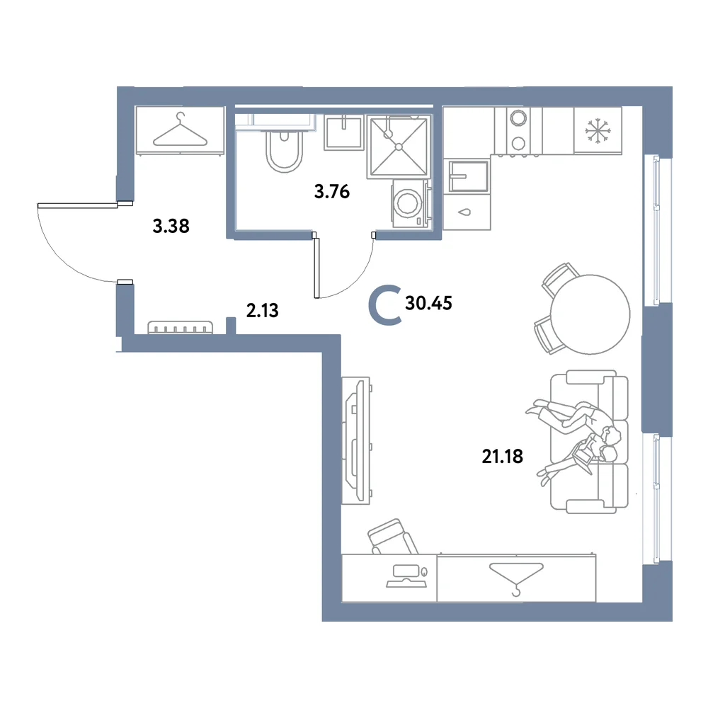 Планировка: Остров-сад Студия 30,45м²