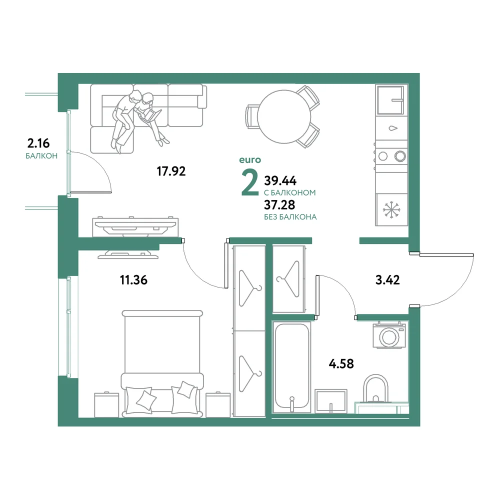 Планировка: Остров-сад 2-комнатная 39,44м²