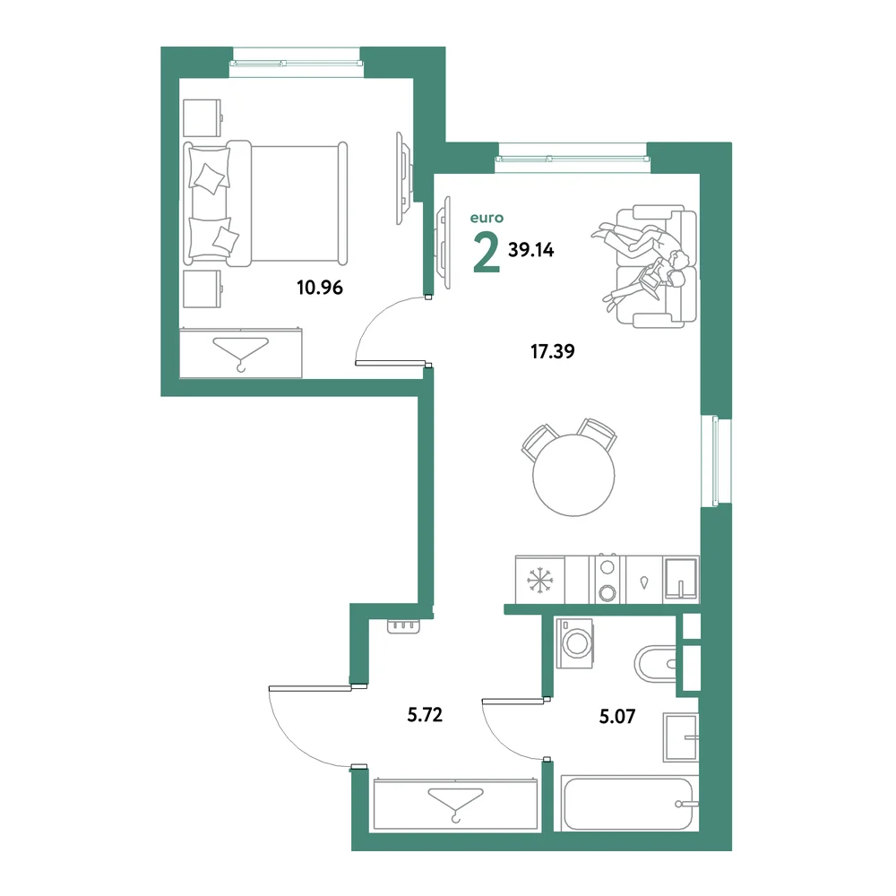 Планировка: Остров-сад 2-комнатная 39,14м²