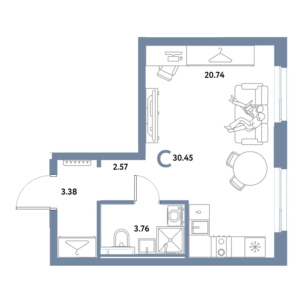 Планировка: Остров-сад Студия 30,45м²