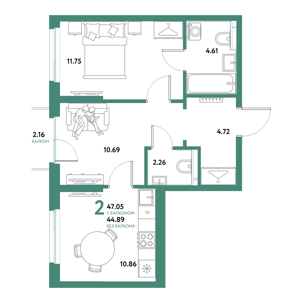 Планировка: Остров-сад 2-комнатная 47,05м²