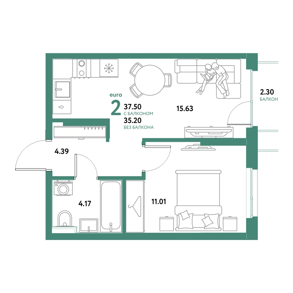 Планировка: Остров-сад 2-комнатная 37,50м²