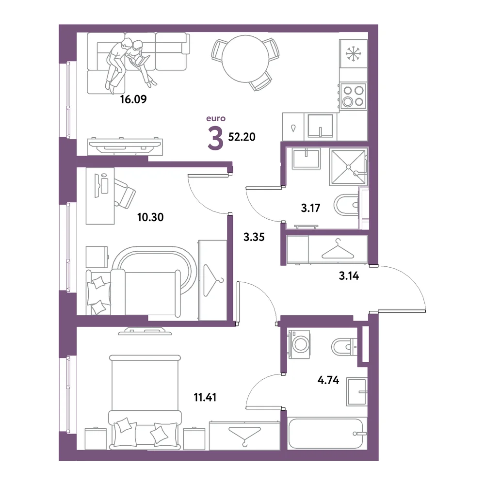 Планировка: Остров-сад 3-комнатная 52,20м²