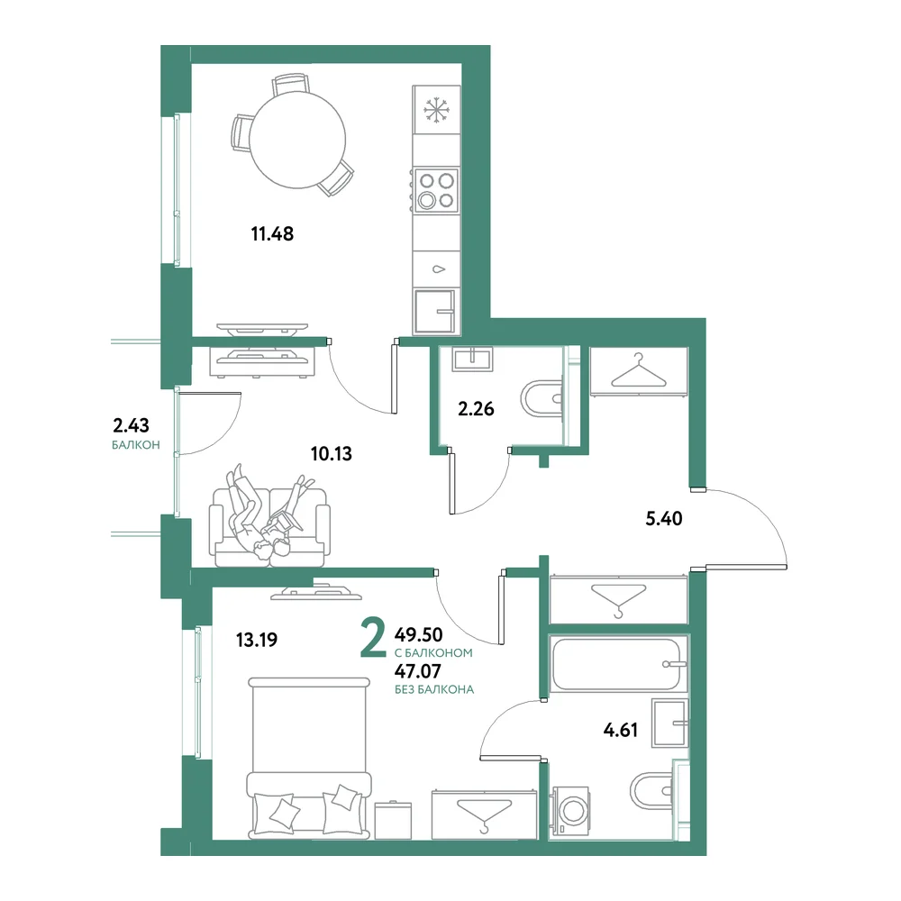 Планировка: Остров-сад 2-комнатная 49,50м²